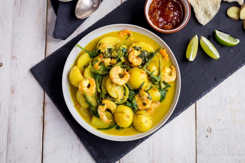 South Indian style prawn, New potato, coconut and spinach curry