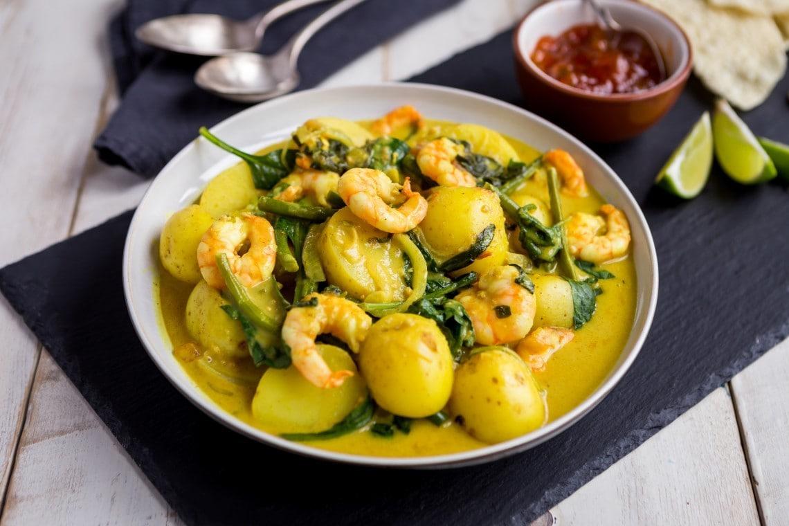 South Indian style prawn, New potato, coconut and spinach curry