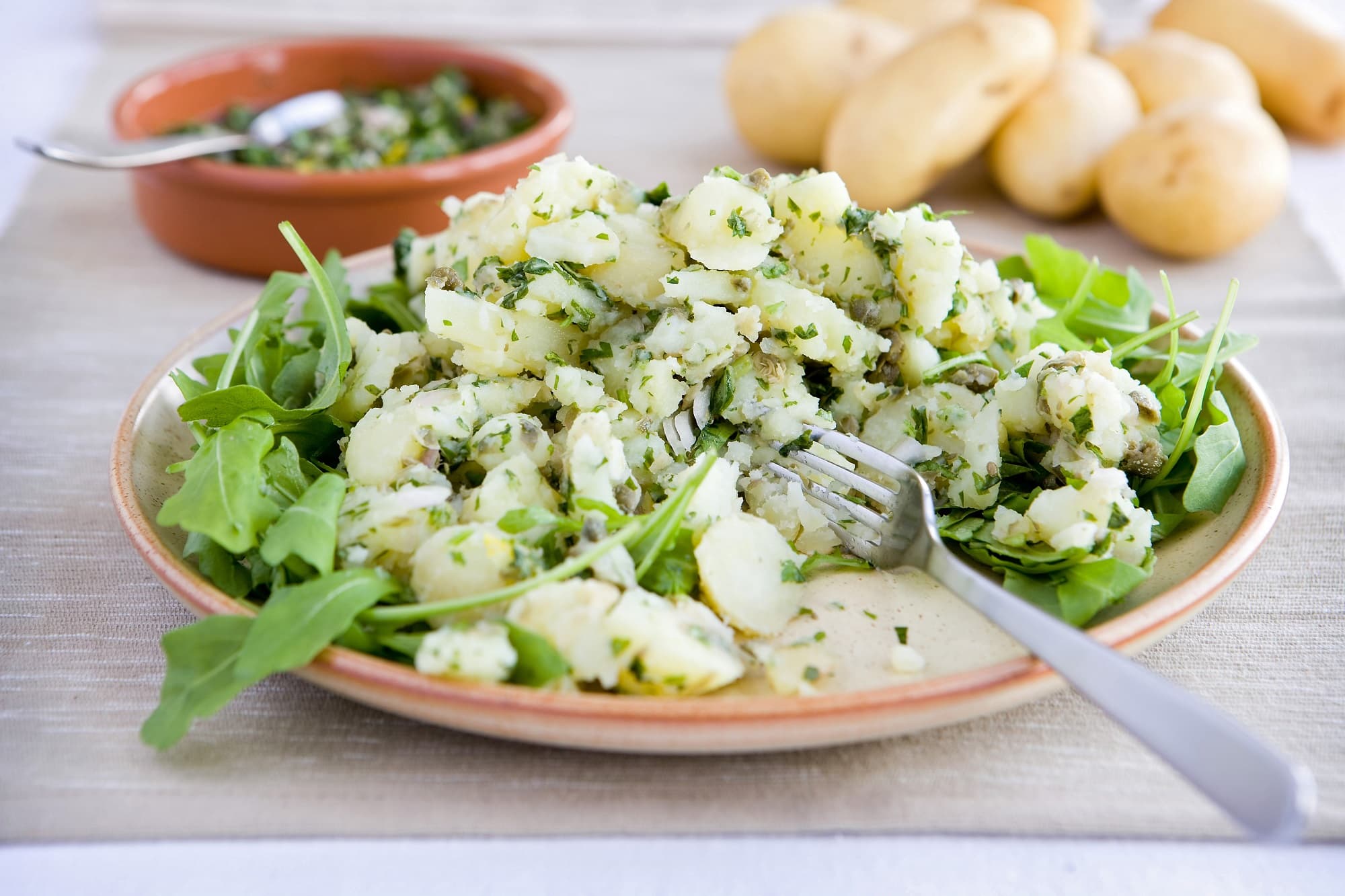 Crushed new potatoes with salsa verde and rocket (1) RS