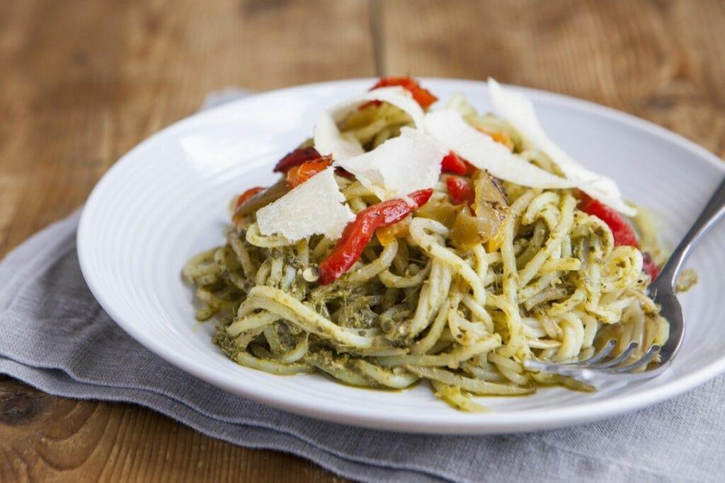 pesto potetti with red peppers and parmigiana