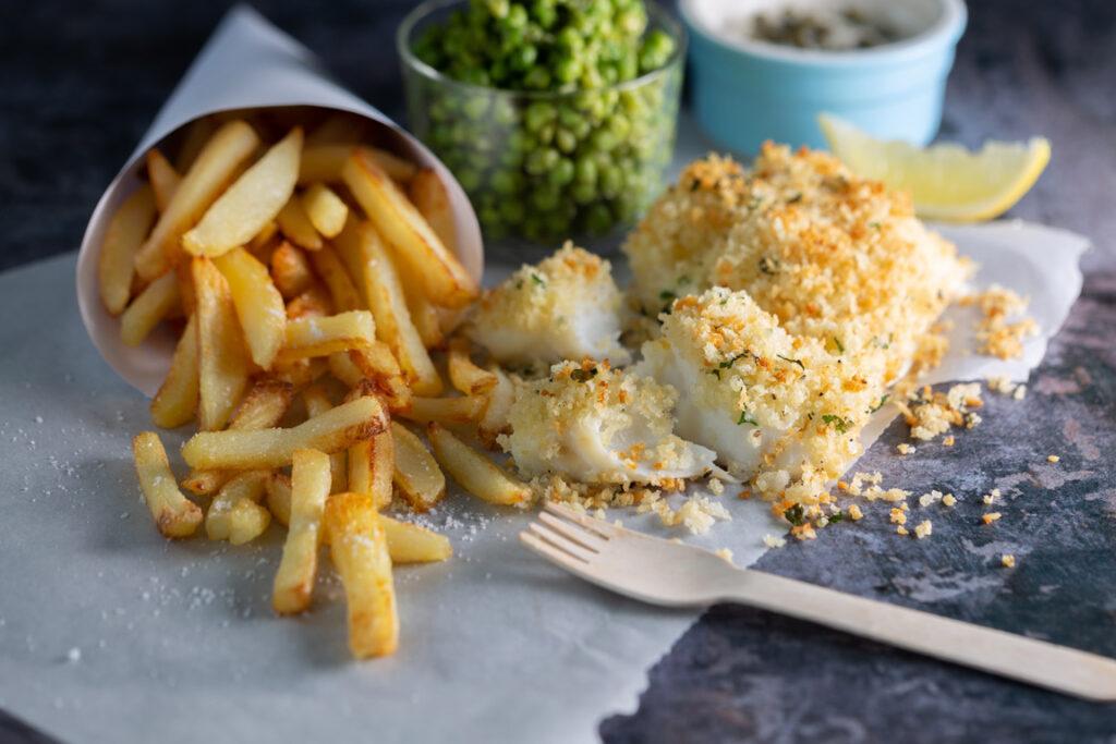 Healthy fish and Cornish new potato chips